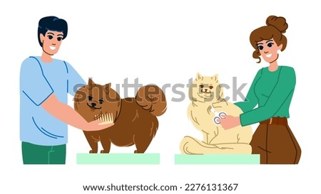 pet groomer vector. dog salon, animal hair, hairstyle hand, care canine, brush barber pet groomer character. people flat cartoon illustration
