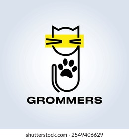 Pet Groomers Company Logo Template, pet shop ou gato café, salão de cabelo animal, fundo abstrato