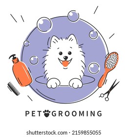 Pet grooming. Animal hair grooming salon logo, haircuts, bathing. Cartoon dog taking a bath full of soapy suds.Vector illustration