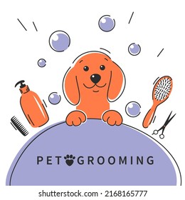 Pet Grooming. Animal Hair Grooming Salon Logo, Haircuts, Bathing. Dachshund Dog. Vector Illustration