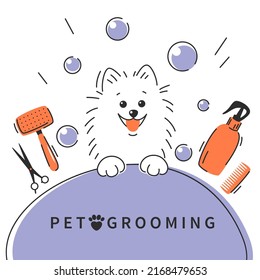 Pet grooming. Animal hair grooming salon logo, haircuts, bathing. Pomeranian German spitz dog. Vector illustration