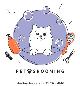 Pet grooming. Animal hair grooming salon logo, haircuts, bathing. Cartoon cat taking a bath full of soapy suds.Vector illustration