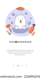 Pet grooming. Animal hair grooming salon logo, haircuts, bathing. Pomeranian German spitz dog. Vector illustration