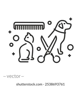 Aseo del animal doméstico, icono del salón del aseo animal, perro y gato, tijeras con el peine para el aseo, Ilustración vectorial