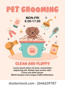 Pet grooming banner. Cute puppy in a bath with foam. Flat vector illustration.