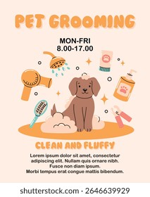 Pet grooming banner. Cute puppy in foam. Flat vector illustration.