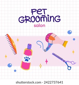 Pet grooming banner design with handwritten typography. Dog and cat grooming equipment and cosmetics. Vector frame in flat vibrant style