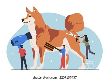 Pet grooming. Big dog with tiny people, groomers hold scissors, comb and hair dryer, hygiene and animal care, professional beauty for puppy, nowaday vector cartoon flat isolated concept