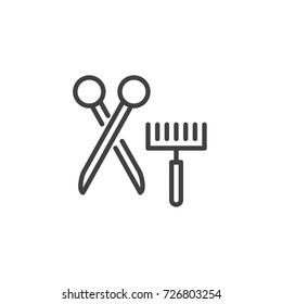 Pet grooming brush and scissors line icon, outline vector sign, linear style pictogram isolated on white. Symbol, logo illustration. Editable stroke