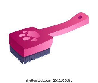 Pet grooming brush in shades of pink with a paw print design used for grooming cats and dogs flat vector illustration