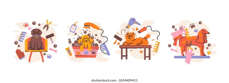 Pet grooming and care set in retro cartoon style. Animals and supplies: dogs, cats, scissors, brushes, paws, shampoo. Illustration in funky, doodle style, trendy sticker set