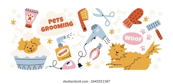 Pet grooming and care set in retro cartoon style. Animals and supplies: dogs, cats, scissors, brushes, paws, shampoo. Illustration in funky, doodle style, trendy sticker set