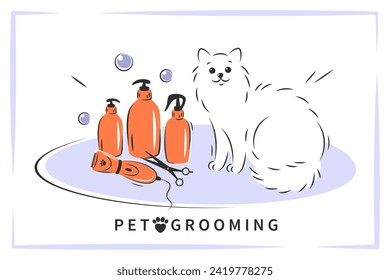 Pet grooming. Cartoon cat character with different tools for animal hair grooming. Pet care salon. Vector illustration