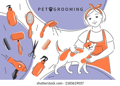 Pet grooming. Cartoon cat with professional barber woman grooming cat. Different tools for animal hair grooming, haircuts, bathing, hygiene. Vector illustration