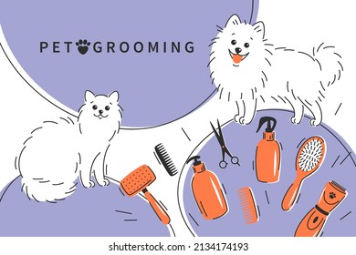 Pet grooming. Cartoon dog and cat character with different tools for animal hair grooming, haircuts, bathing, hygiene. Vector illustration for pet care salon.