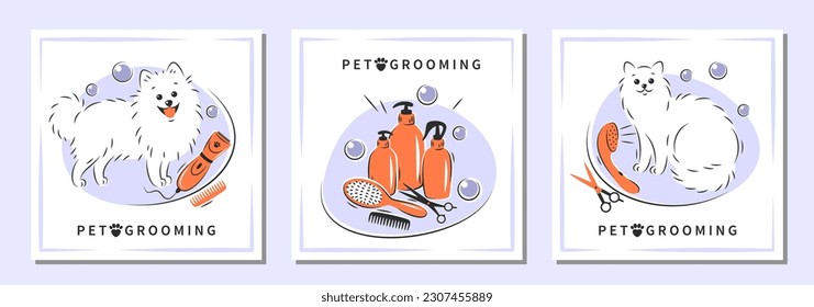 Pet grooming. Cartoon dog and cat character with different tools for animal hair grooming. Set of design for pet care salon. Vector illustration