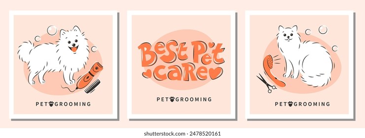 Pet grooming. Cartoon dog and cat character with different tools for animal hair grooming. Set of design for pet care salon. Vector illustration