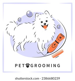 Pet Grooming. Cartoon Hund Charakter mit Werkzeugen für Tierhaar Grooming. Vektorgrafik für den Pflegesalon für Haustiere. 