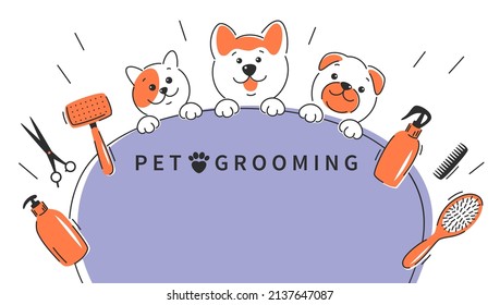 Pet grooming. Cartoon dogs and cat with different tools for animal hair grooming, haircuts, bathing, hygiene. Vector illustration for pet care salon.