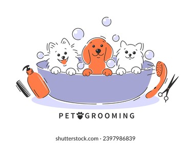 Pet grooming. Cartoon dogs and cat taking a bath full of soapy suds. Animal hair grooming, haircuts, bathing, hygiene. Vector illustration