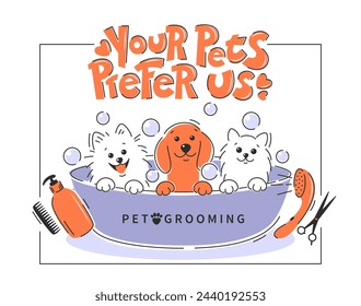 Pet grooming. Cartoon dogs and cat taking a bath full of soapy suds. Animal hair grooming, haircuts, bathing, hygiene. Vector illustration