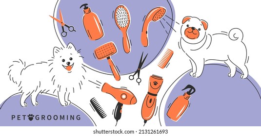 Pet grooming. Cartoon dogs character with different tools for animal hair grooming, haircuts, bathing, hygiene. Pet care salon concept.