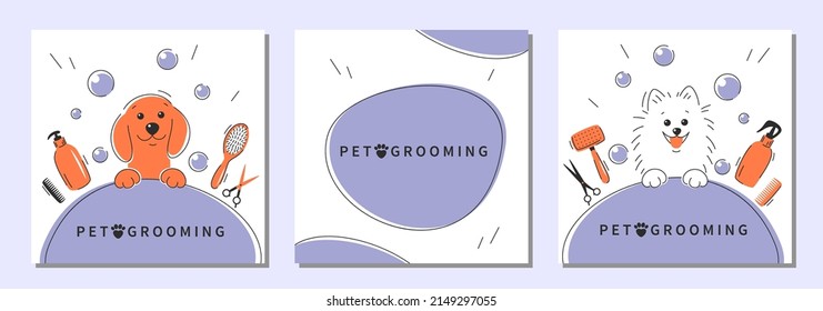 Pet grooming. Cartoon dogs with different tools for animal hair grooming, haircuts, bathing, hygiene. Vector illustration for pet care salon.