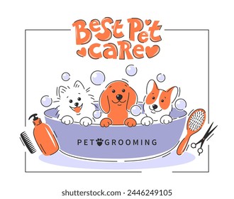 Pet grooming. Cartoon dogs taking a bath full of soapy suds. Animal hair grooming, haircuts, bathing, hygiene. Vector illustration