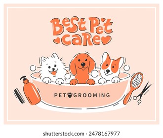 Pet grooming. Cartoon dogs taking a bath full of soapy suds. Animal hair grooming, haircuts, bathing, hygiene. Vector illustration