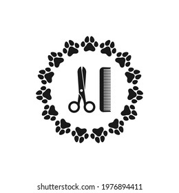 Pet Grooming. Comb and scissor and paw trail. Animal haircut, combing and grooming pets. Salon logo. 