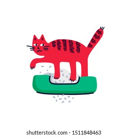 Pet grooming concept. Cat delving into a cat litter box. Cat care, grooming, hygiene, health. Pet shop, accessories. Flat style vector illustration on white background