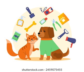 Pet grooming concept. Cat and dog sitting near scissors and bone. Care about domestic animals. Aesthetics and elegance, beauty. Cartoon flat vector illustration isolated on white background