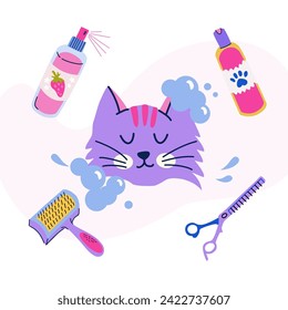 Pet grooming concept. Cute bathing cat in soapy foam. Blending scissors, slicker brush, cologne spray. Flat cartoon vector frame for post, banner, poster, postcard