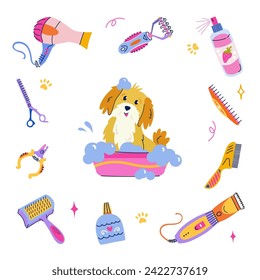 Pet grooming concept. Cute bathing dog in soapy foam. Set of equipment, tools and cosmetics for grooming. Vector frame in flat cartoon style for branding, banner, poster, postcard