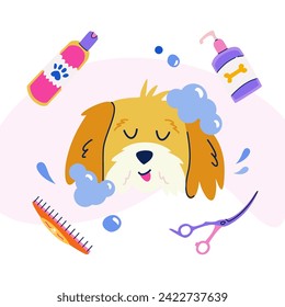 Concepto de preparación de mascotas. Perro de baño con espuma de jabón. Tijeras curvadas, champú de perro, acondicionador de abrigo. Marco vectorial plano de caricatura para publicación, pancarta, afiche, postal