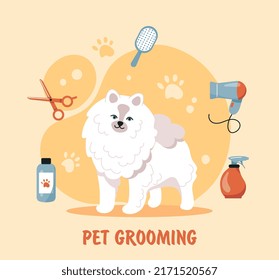 Pet grooming concept. Cute dog next to scissors and hair dryer, animal was brought for haircut and wash in beauty salon. Puppy care, beauty and hygiene service. Cartoon flat vector illustration