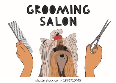 Pet grooming concept. Cute doggy Illustration with text for dog care, grooming, hygiene, health, Pet shop. Flat style vector banner