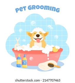 Pet grooming concept. Cute welsh corgi dog character, takes a bubble bath. Dog washing service the grooming salon. Cartoon flat vector illustration. svg