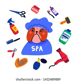 Pet grooming concept. Dog spa. Bulldog shower cap with grooming elements comb, shampoo, hand dryer etc. on white background. Dog care, grooming, hygiene, health. Flat style vector illustration