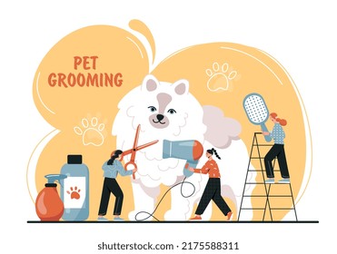 Pet grooming concept. Girls with comb, scissors and hair dryer cut dog. Animal care, comfortable and cozy service. Beauty salon for pets. Beauty and hygiene. Cartoon flat vector illustration