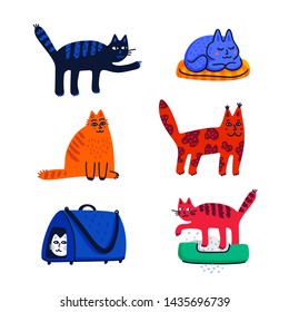 Pet grooming concept. Set of cartoon cats with different colored fur and markings standing sitting or walking. Cat care, grooming, hygiene, health. Pet shop, accessories. Flat style vector