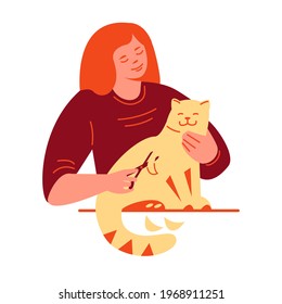 Pet grooming concept. A young woman cuts a cat's fur. Vector illustration in flat style. Isolated on a white background.