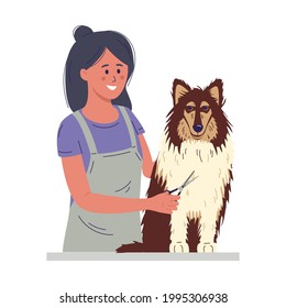 Pet grooming concept. A young woman cuts a dog's fur. Vector illustration in flat style. Isolated on a white background.