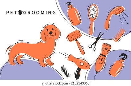 Pet grooming. Cute dog with different tools for animal hair grooming, haircuts, bathing, hygiene. Pet care salon concept. Vector illustration