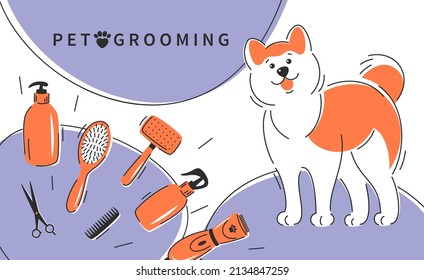 Pet grooming. Cute dog with different tools for animal hair grooming, haircuts, bathing, hygiene. Pet care salon Vector illustration for pet care salon.