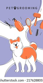 Pet grooming. Cute dog with different tools for animal hair grooming, haircuts, bathing, hygiene. Pet care salon. Vector illustration 
