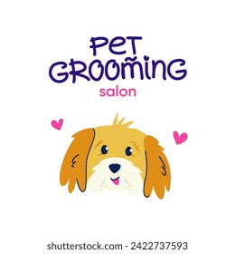 Pet grooming. Cute yellow dog in flat cartoon style. Vector logo design with handwritten typography for branding, banner, poster, postcard