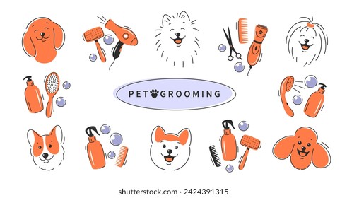 Cuidado de mascotas. Diferentes perros y herramientas para el cuidado del pelo animal, cortes de pelo, baño, higiene. Cuidado del perro. Ilustración vectorial.