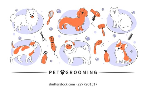 Pet grooming. Dog and cat beauty grooming salon, haircuts, bathing, care hair of pet. Vector illustration.
