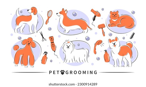 Pet grooming. Dog and cat beauty grooming salon, haircuts, bathing, care hair of pet. Vector illustration.
 svg